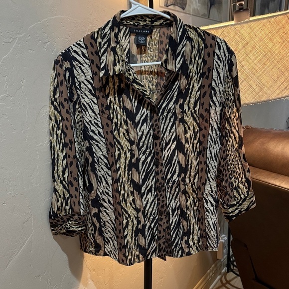 SilkLand Tops - SilkLand Animal Print Blouse - Black, Brown, Cream Medium A019